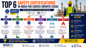 Top 6 safety certifications in India for career growth in 2026 including NEBOSH IGC, NEBOSH PSM, NEBOSH IDIP, ISO 45001 Lead Auditor, IOSH Managing Safely, and Fire & Industrial Safety with benefits and career insights.