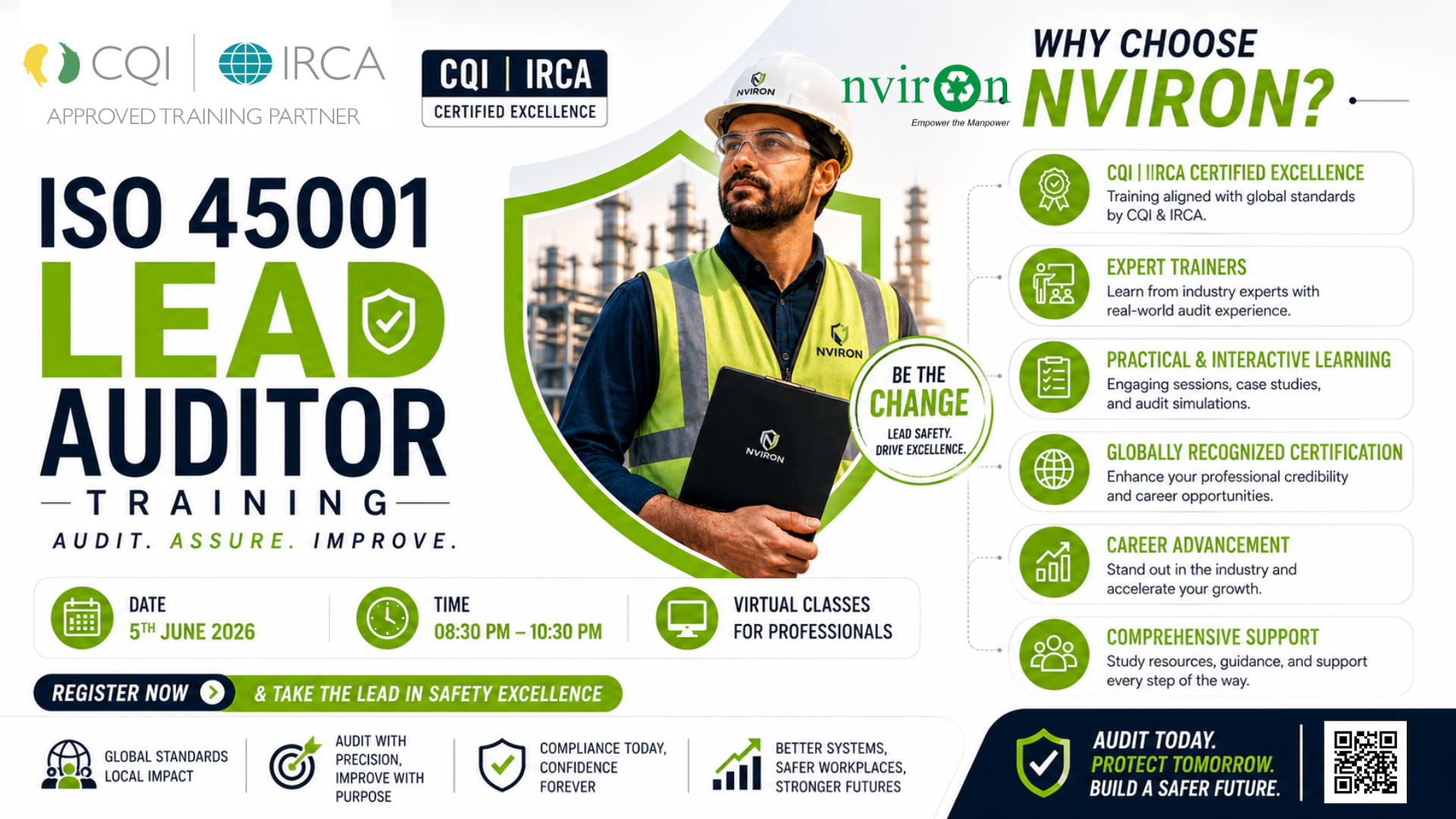 “NVIRON CQI IRCA ISO 45001 Lead Auditor Training poster featuring professional safety auditor in PPE at industrial site. White modern corporate banner highlighting ISO 45001 Lead Auditor certification course, CQI IRCA approved training, expert trainers, virtual classes, career advancement, globally recognized OH&S auditing certification, and safety management excellence for HSE professionals.”